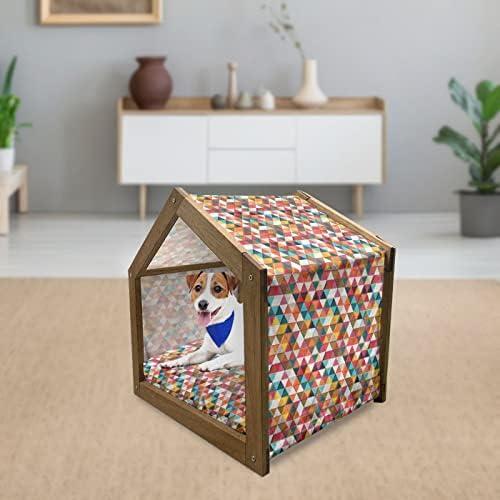 Kuhabilna geometrijska drvena kuća za kućne ljubimce, obojena grunge mozaika poput živopisnih trokuta Grid Suvremeni uzorak