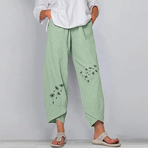 KCJGIKPOK Ženske lanene hlače, Palazzo elastično-strujni trendovske lanene hlače Capris hlače s džepovima širokim hlačama
