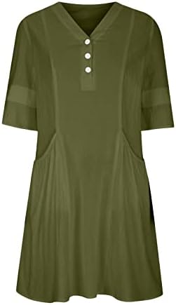 Ženske pamučne lanene košulje ljetne haljine s izrezom u obliku slova u i kratkim rukavima na kopčanje, jednobojna široka
